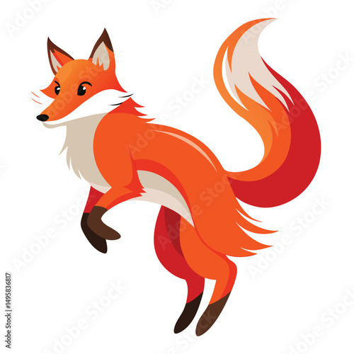 A vibrant red fox with a bushy tail is captured mid-jump against a white background.
