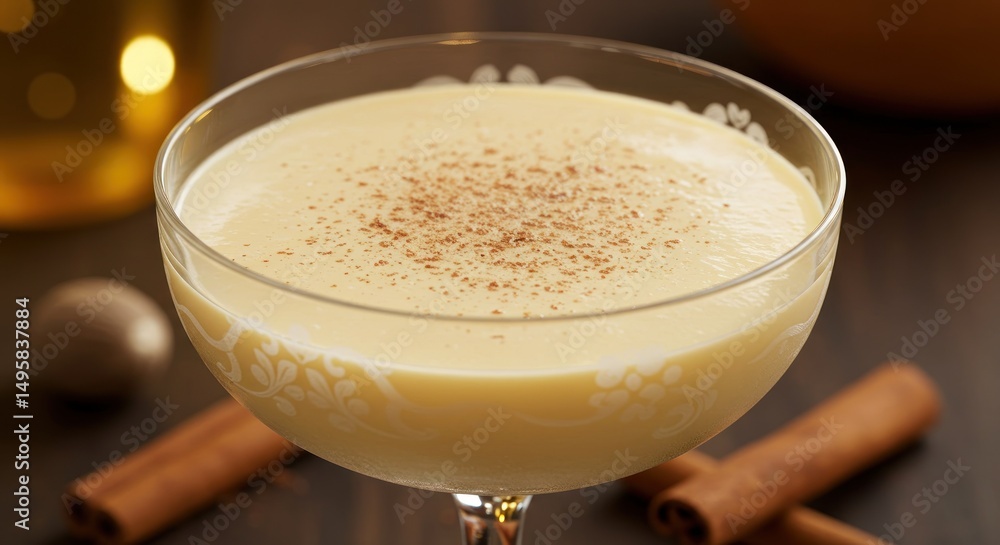 Eggnog in Elegant Glass with Cinnamon, Festive Drink Photo Eggnog in Elegant Glass with Cinnamon, Festive Drink Photo