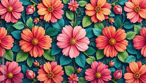 Intricate floral design, repeating seamlessly , digital, red, surface