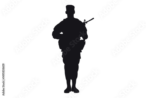 Silhouette of a soldier standing at attention holding a rifle against a white background