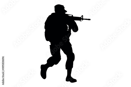 Silhouette of a soldier in tactical gear running with an assault rifle in a defensive stance