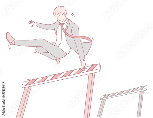A businessman jumps over a barrier, symbolizing determination and agility in his confident, ambitious career