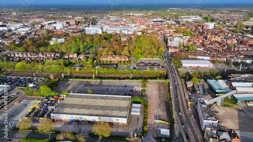 Aerial video of Warrington Townscape in England UK 