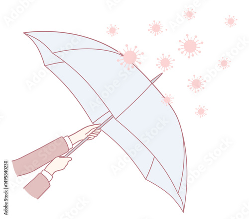 This illustration shows a colorful umbrella shielding against harmful viruses, symbolizing protection and health