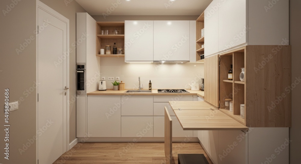 Modern Kitchen Interior Design with Foldable Table, Photo Modern Kitchen Interior Design with Foldable Table, Photo