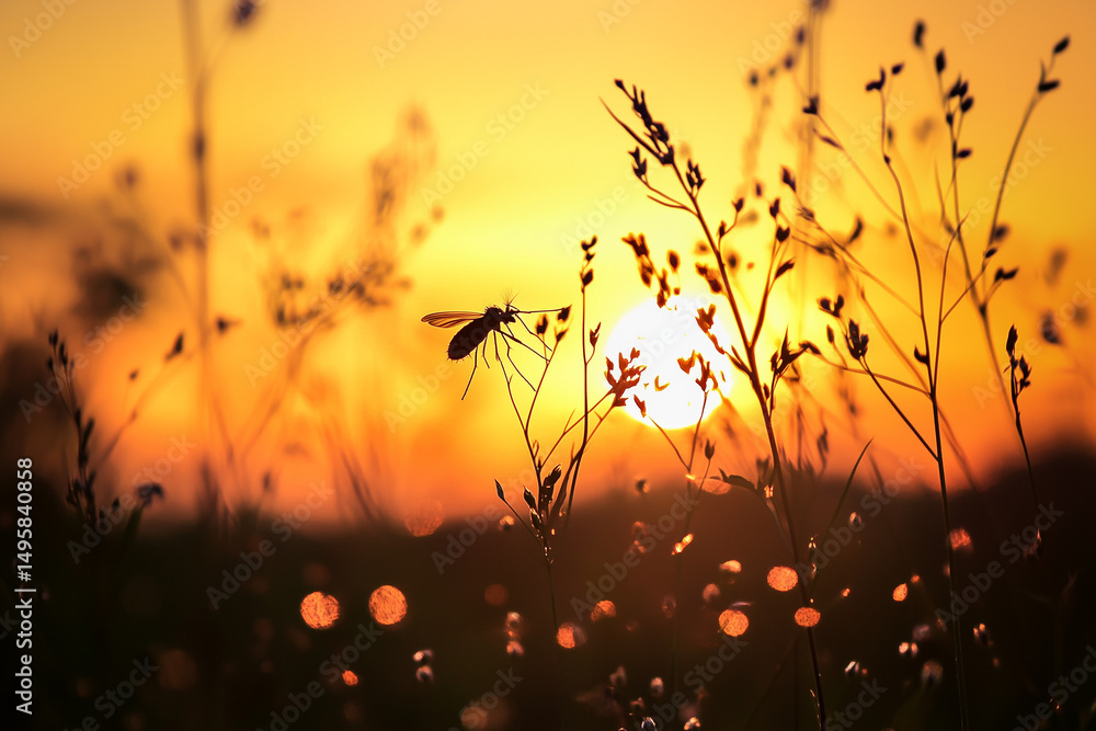 Obraz premium Mosquito silhouette against a glowing summer sunset
