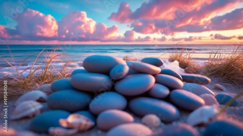 Scenic beach video showcasing a collection of stones