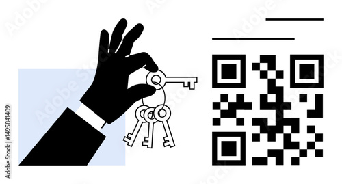 Hand holding a keychain with multiple keys beside a QR code emphasized by simple geometric shapes. Ideal for security, access, technology, digital solutions, smart systems, scanning, modern tools