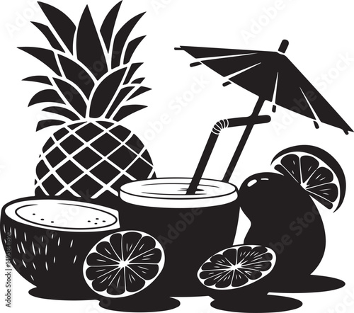 Tropical Fruit Drink Silhouette with Umbrella and Straw