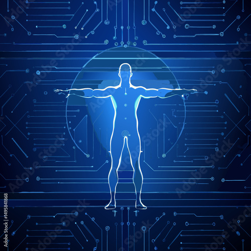 Vitruvian Man Wireframe with Ideal Body Proportions

