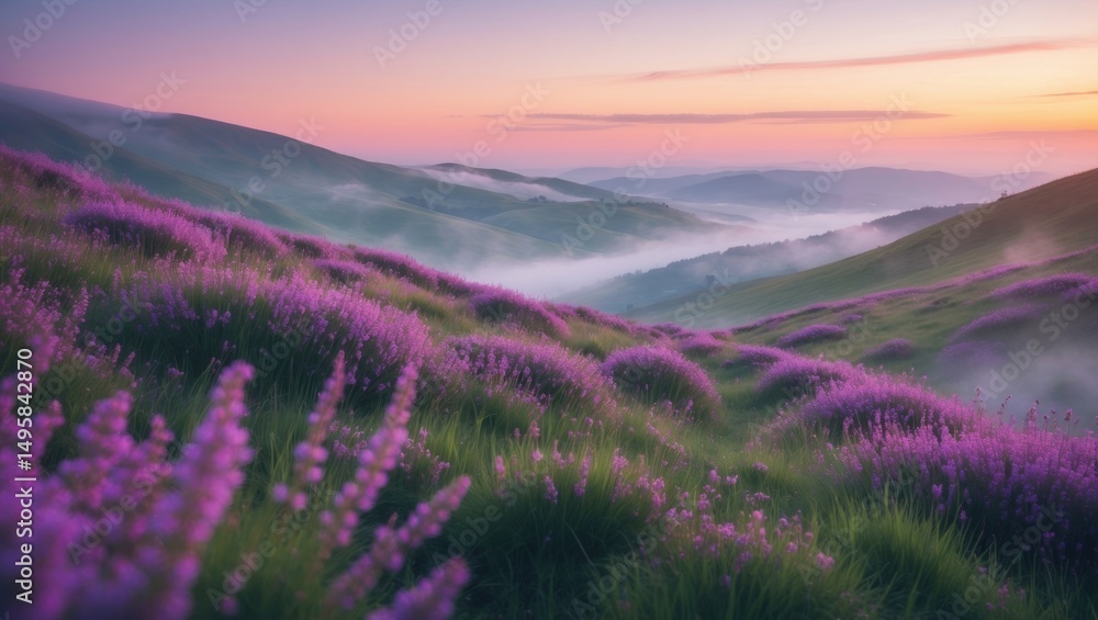 Fototapeta premium Beautiful Carpathian mountains at dawn with thyme fields on grassy hills.