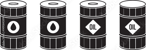 Four Black and White Oil Barrel Icons Set