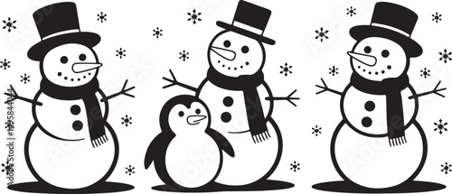 Two Snowmen with Top Hats and a Penguin in Black and White