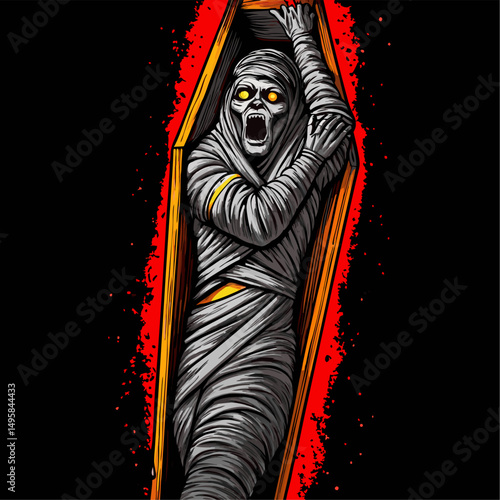 Screaming mummy rising from coffin halloween illustration