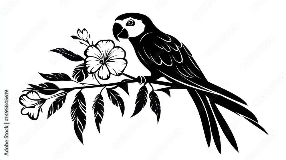 Fototapeta premium Parrot on Flower Branch, Black and White