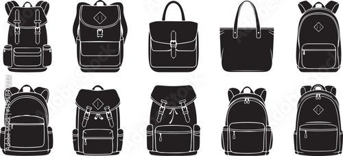 Collection of Black and White Backpack and Bag Silhouettes