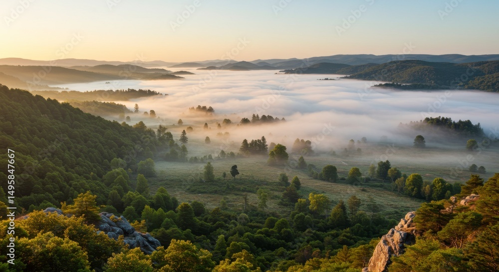 Naklejka premium Misty valley at dawn