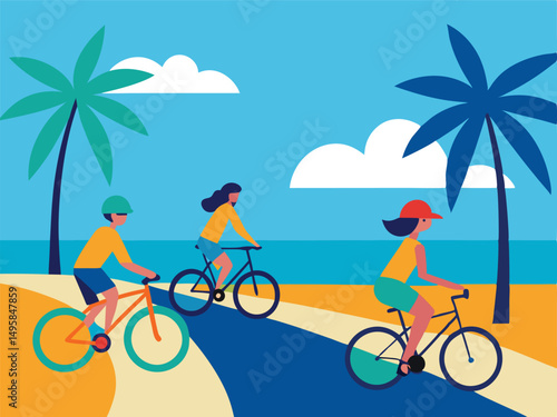 Happy Family Cycling on a Tropical Beach Path near Palm Trees