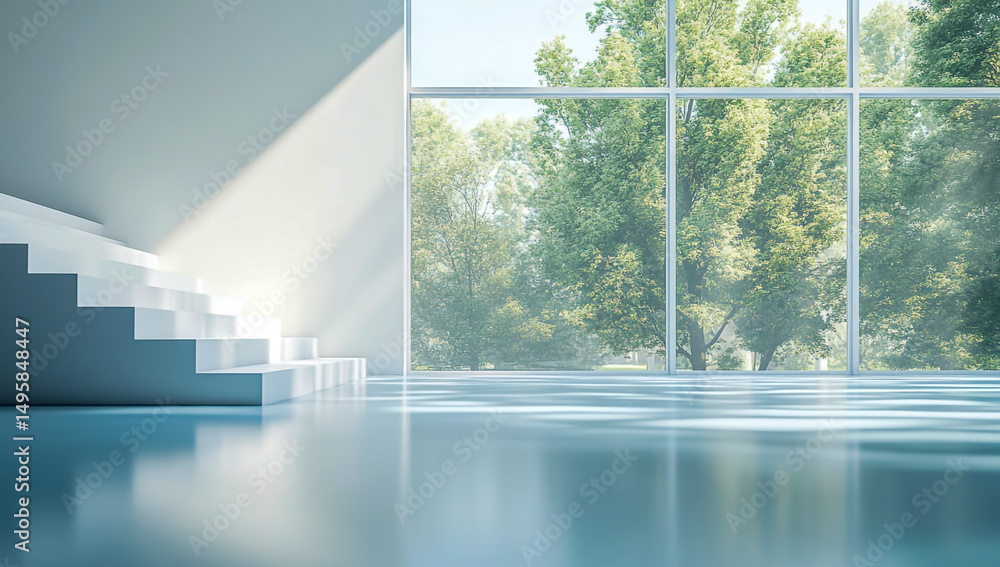 Fototapeta premium A spacious, bright white room, with stairs leading up to a large window, smooth, translucent blue floors, and a soft blurred backdrop of green trees visible through the window.