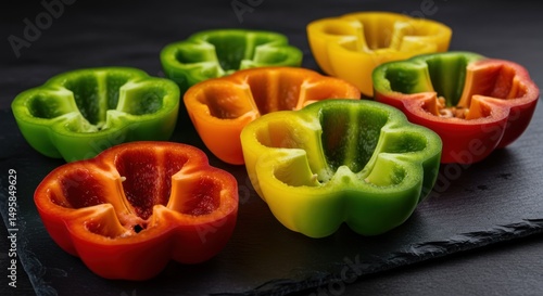 Colorful Bell Pepper Halves on Dark Slate Plate, Fresh Produce Photo