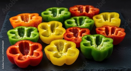 Colorful Bell Pepper Halves on Slate Background - Food Photography