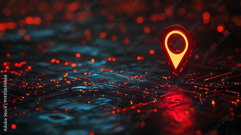 Glowing Location Pin on Futuristic Circuit Board Technology Background Glowing Location Pin on Futuristic Circuit Board Technology Background