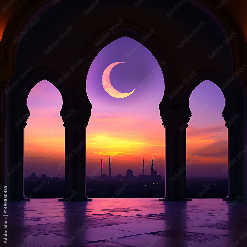 Fototapeta premium Crescent moon over mosque at sunset view from archway
