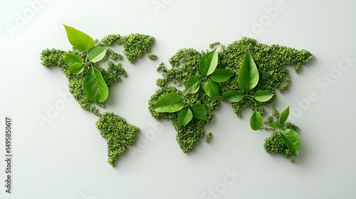 Green World Map Formed by Leaves Illustrating Environmental Conservation and Sustainability