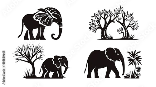 ゾウと木々のシルエットイラストセット