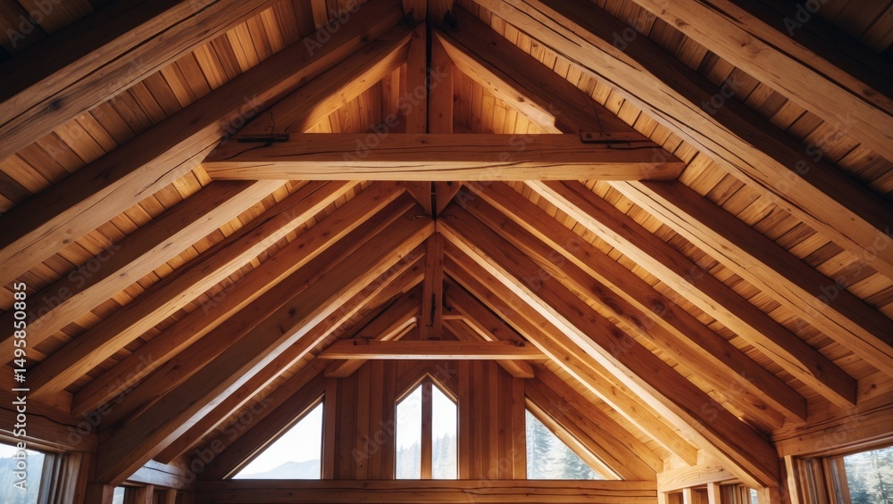 Obraz premium The Creation of a Wooden Roof: In-Depth Photo of Overlapping Roof Construction