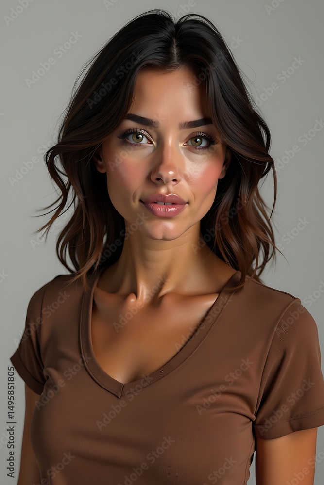 Fototapeta premium Portrait of a Beautiful Woman with Brown Hair and Green Eyes in a Studio Setting. 