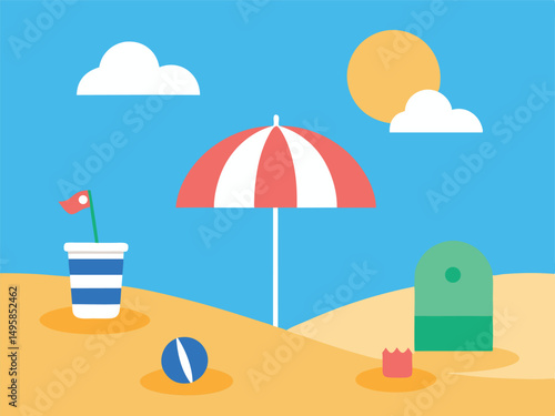 Summer Beach Scene with Umbrella Drink Ball and Sandcastle Illustration