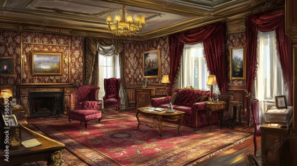 Fototapeta premium Richly appointed interior living room, grand, antique style.