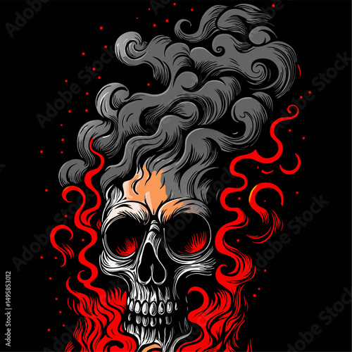 Fiery skull emerging from smoke illustration