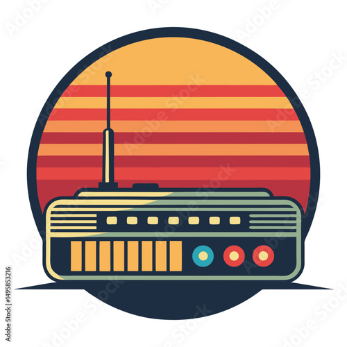 Retro vintage radio with sunset background illustration