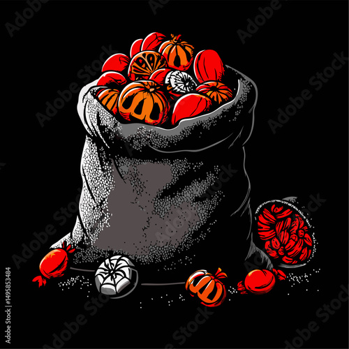 A burlap sack overflowing with halloween treats and candies