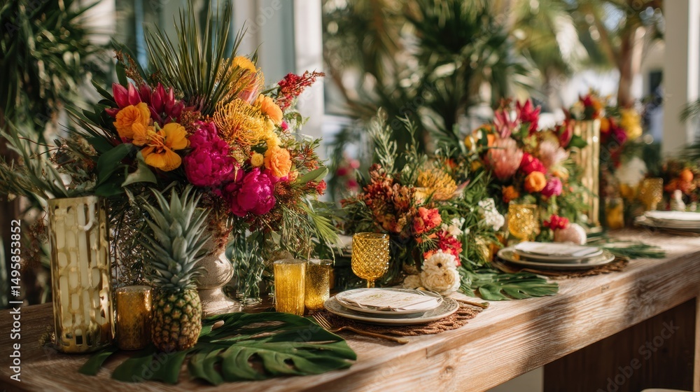 Vibrant floral arrangements on a wooden table, perfect for a tropical celebration Vibrant floral arrangements on a wooden table, perfect for a tropical celebration