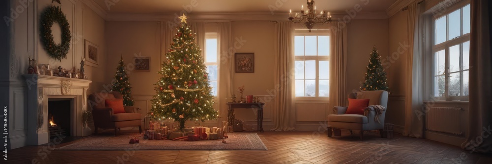 Fototapeta premium Ornate Christmas tree, glowing lights, cozy room, room, red