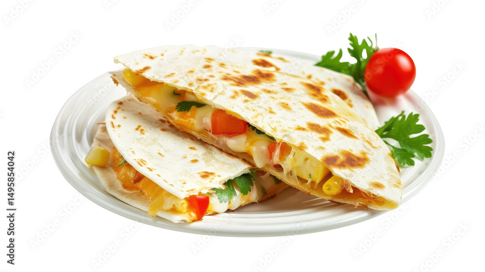 Delicious quesadilla filled with vegetables and cheese on a white plate with a tomato Delicious quesadilla filled with vegetables and cheese on a white plate with a tomato