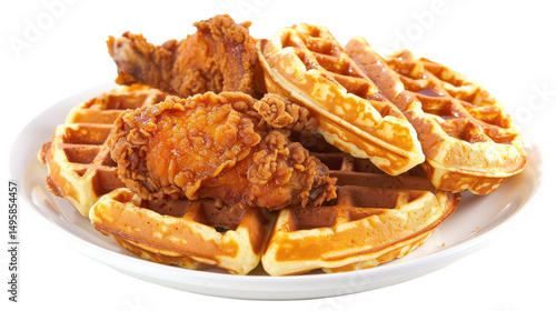 Crispy fried chicken served on a plate of golden waffles, with a cozy dining background