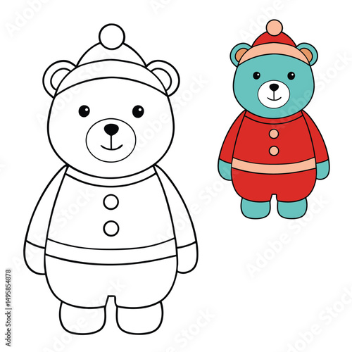 A cute bear dressed in cozy winter clothes, sitting joyfully on a colorful Christmas toy, spreading festive cheer with its adorable smile and holiday charm.
