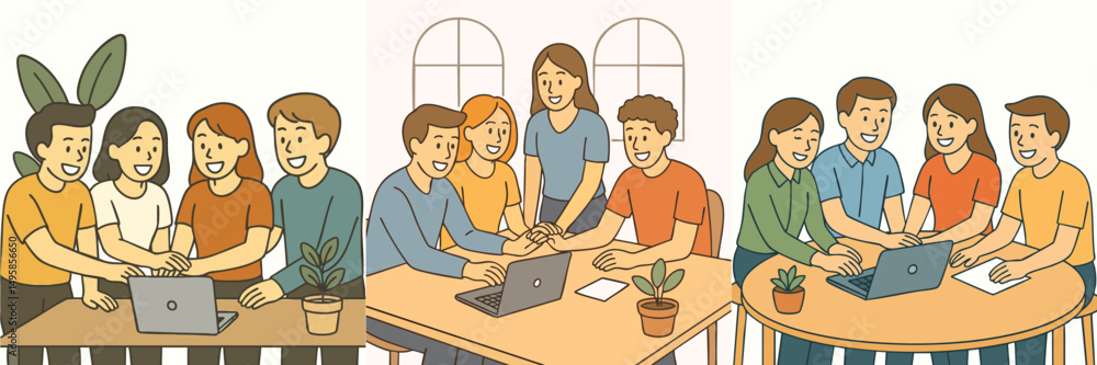 Collection of several men and women having an animated discussion at the work desk (wearing casual office clothes) vector flat design style Collection of several men and women having an animated discussion at the work desk (wearing casual office clothes) vector flat design style