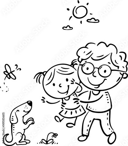 Cartoon outline illustration of father and daughter spends time outdoor. Family activity clipart