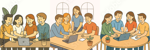 Collection of several men and women having an animated discussion at the work desk (wearing casual office clothes) vector flat design style