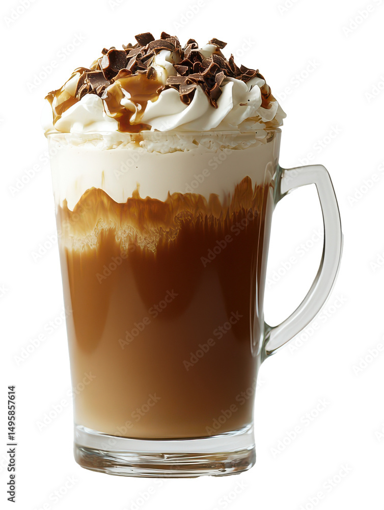 Coffee beverage with whipped cream, caramel, and chocolate shavings on transparent PNG image Coffee beverage with whipped cream, caramel, and chocolate shavings on transparent PNG image