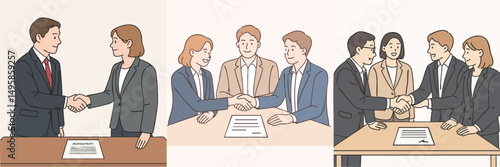Small team collection shaking hands as a sign of agreement (wearing shirts and blazers) vector flat design style