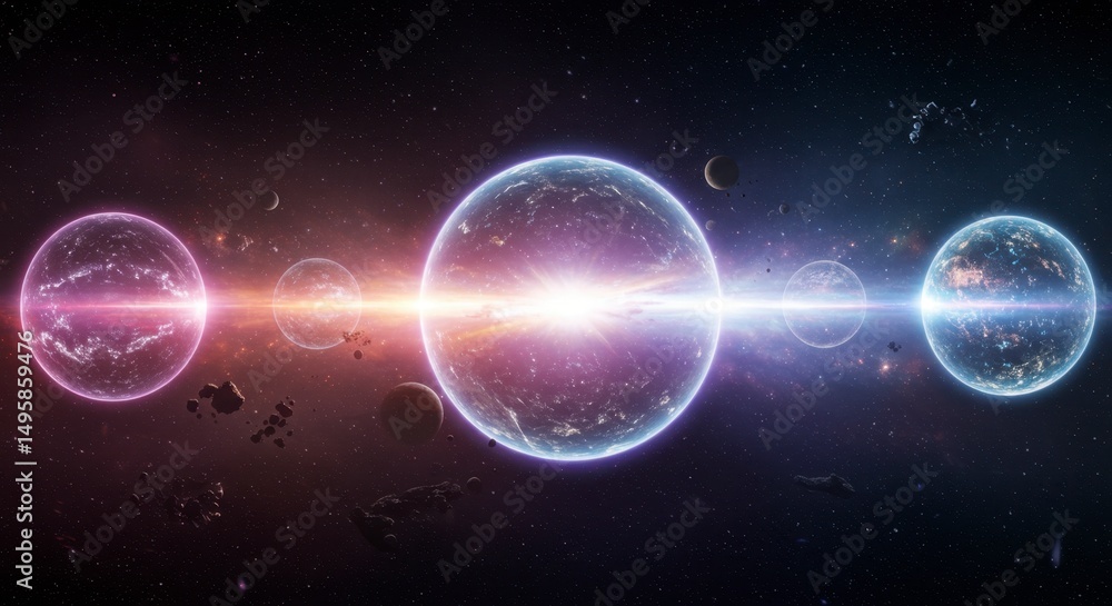 Fototapeta premium Two glowing planets with cosmic light