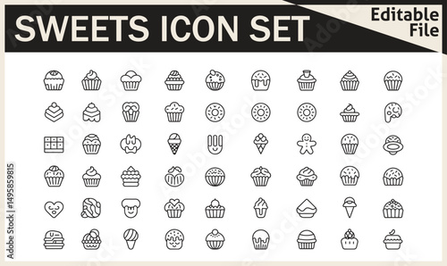 Sweets Icon Set Featuring Honey Jar, Toffee, Swirl Candy, Birthday Cake, Chocolate Bar, Cake Slice, Cookie, Donut, Brigadier, Cotton Candy, Wafer, and Honey in Fun Vector Illustration