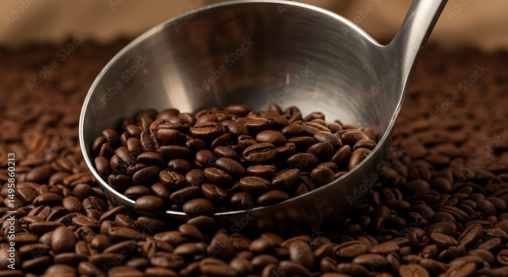 Fototapeta premium a ladle scooping up roasted coffee beans from a pile of beans. Freshly roasted aromatic strong dark brown coffee beans