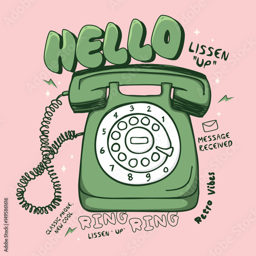 Hello vintage print design. Vintage Telephone design for t shirt print, poster, sticker and other uses.